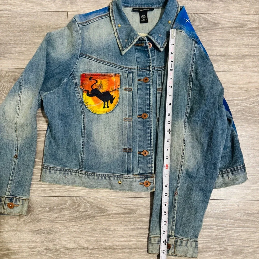 Upcycled Venezia Denim Jacket Hand Painted Taurus‎ Sun Moon Celestial Art 18-20